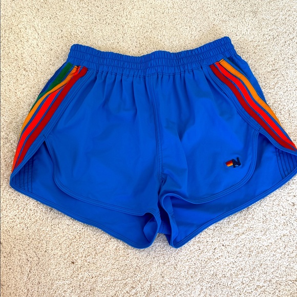 Aviator Nation Blue Athletic Shorts with Rainbow Stripes - Picture 1 of 2
